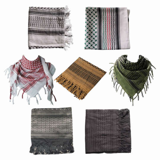 Keffiyeh Shemagh 7 Variation in Colours Close up of various coloured Palestine keffiyehs shemagh neck scarf