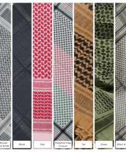 Close up of various coloured Palestine keffiyehs shemagh neck scarf