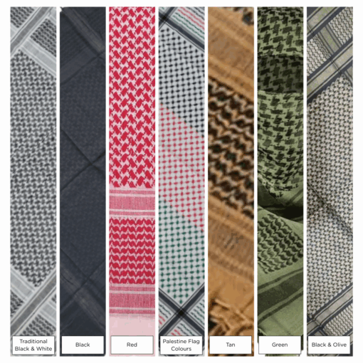 Close up of various coloured Palestine keffiyehs shemagh neck scarf