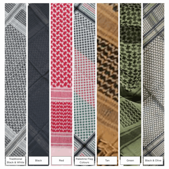 Keffiyeh Shemagh 7 Variation in Colours Close up of various coloured Palestine keffiyehs shemagh neck scarf