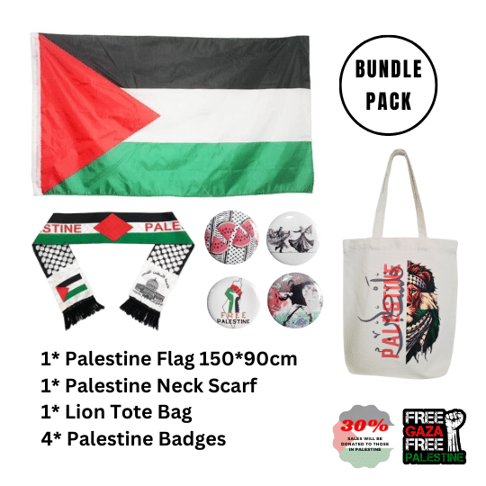 BUNDLE PACK - Palestine Flag, Scarf, Badges and Tote Bag BUNDLE PACK - Palestine Flag, Scarf, Badges and Tote Bag