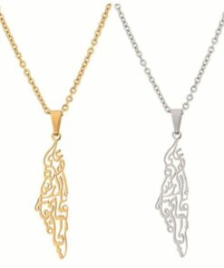 Palestine Map Necklace in Gold and Silver featuring 'On This Land' poem against white background