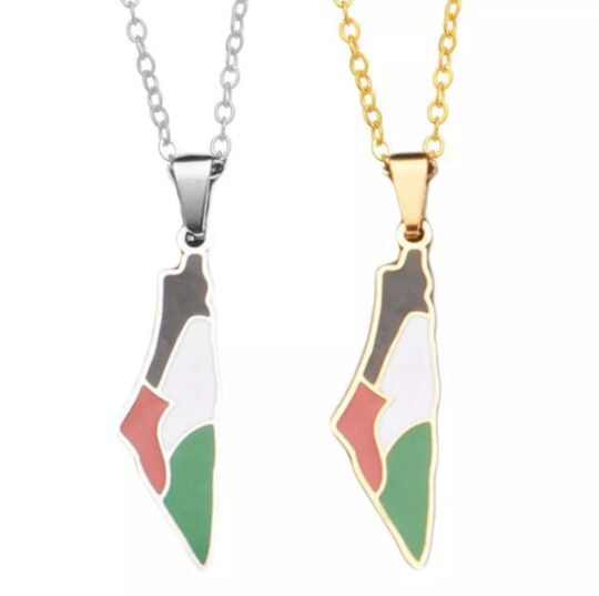 Palestine Flag Map Necklace Close up of two Palestine Flag Map Necklaces, Silver and Gold colour