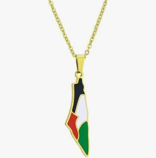 Palestine Flag Map Necklace in Gold Close up of Palestine Flag Map Necklace, Gold colour