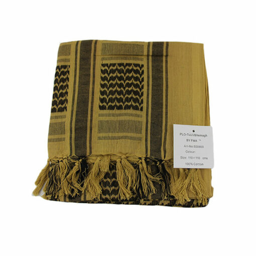 Close up of Palestine keffiyeh shemagh, tan and black pattern, 100% cotton