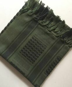 Close up of Palestine keffiyeh shemagh neck scarf, army green and black colour, folded