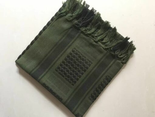 Close up of Palestine keffiyeh shemagh neck scarf, army green and black colour, folded
