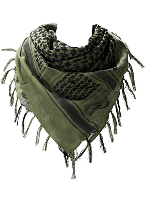 Palestine keffiyeh shemagh, green and black pattern, worn as neck scarf