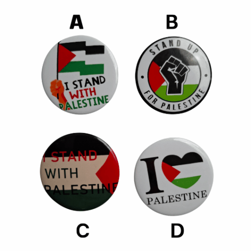 Four designs of our Large 4.5cm Palestine Pin Badge