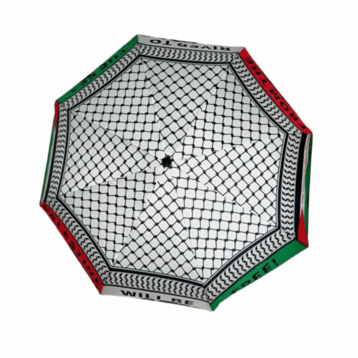 Image of open Palestine Umbrella with text