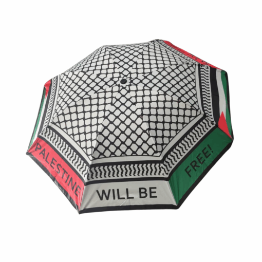 Image of open Palestine Umbrella with text 'Palestine Will be Free'