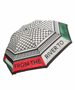 Image of open Palestine Umbrella with text 'From the river to the Sea'