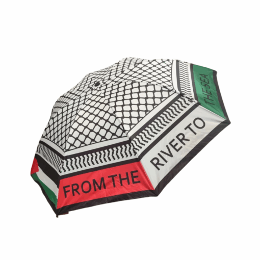 Image of open Palestine Umbrella with text 'From the river to the Sea'