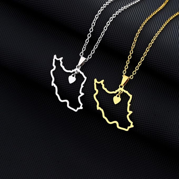 Iran Map Necklace in Silver or Gold Close up image of Iran Map Necklace in Silver or Gold