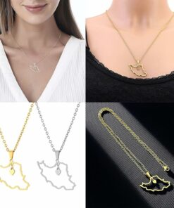 Four different images of Iran Map Necklace in Silver and Gold, modelled on female neck, against white background and full length necklace against a black background