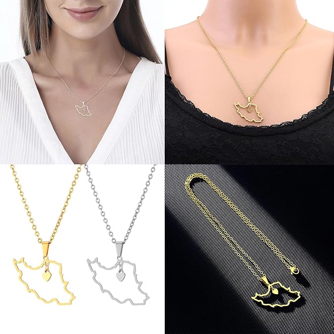 Iran Map Necklace in Silver and Gold Four different images of Iran Map Necklace in Silver and Gold, modelled on female neck, against white background and full length necklace against a black background