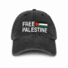 Front image of a hat with 'Free Palestine' writing in bold text and a Palestine flag