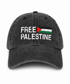 Front image of a hat with 'Free Palestine' writing in bold text and a Palestine flag