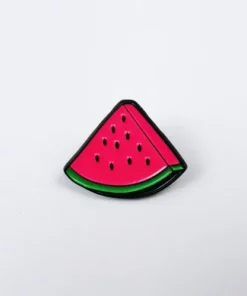 A slice of watermelon with a green rind and pink flesh with small black seeds.