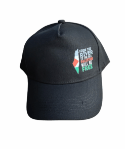 The printed black baseball style hat featuring the Palestinian flag and the text