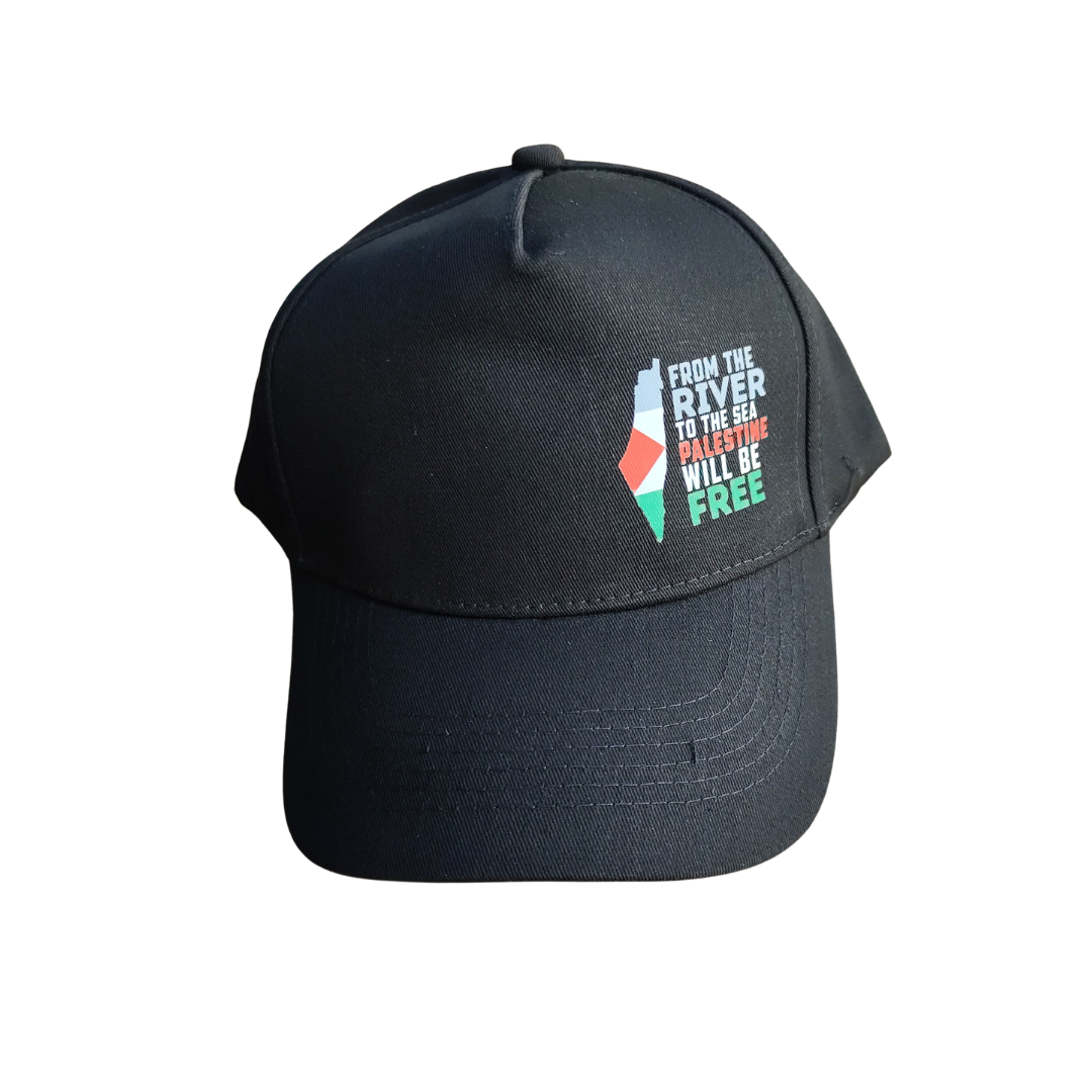 River to the Sea Palestine Larger Bolder Hat The printed black baseball style hat featuring the Palestinian flag and the text "FROM THE RIVER TO THE SEA PALESTINE WILL BE FREE".