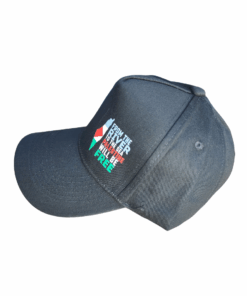Side view of hat. The printed black baseball style hat featuring the Palestinian flag and the text