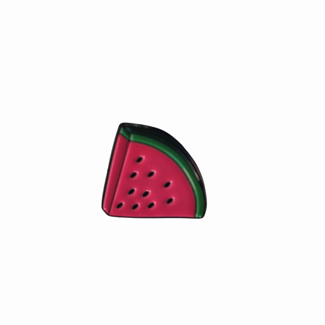 Watermelon Slice Pin Brooch - Free Palestine A watermelon slice-shaped enamel pin with black outlines, red interior, green rind, and small black seeds.