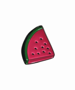 A slice of watermelon with a green rind and pink flesh with small black seeds.