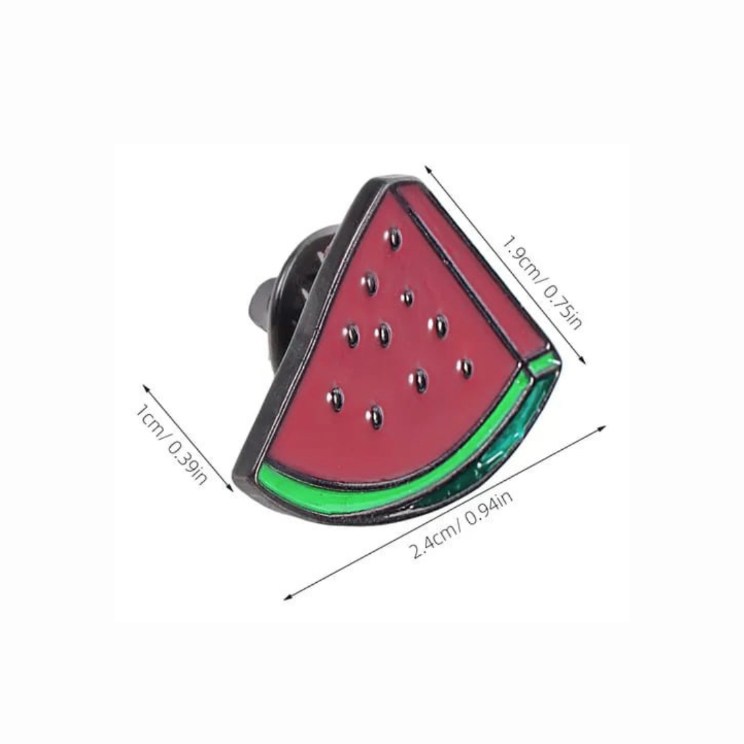 Watermelon Slice Pin Brooch - Free Palestine A watermelon slice-shaped enamel pin with black outlines, red interior, green rind, and small black seeds. Dimensions are indicated with arrows.