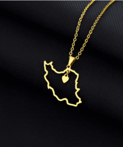 Close up image of Iran Map Necklace in Gold against black background