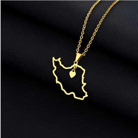 Iran Map Necklace in Gold Close up image of Iran Map Necklace in Gold against black background