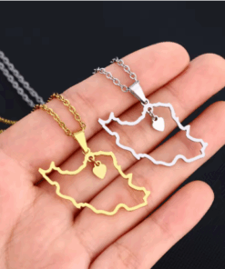 Close up image showing details of the Iran Map Pendant Necklace in Silver and Gold, placed against a hand