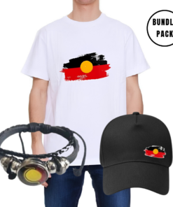 White T-shirt worn by a person, featuring a bold graphic with a yellow circle centered over a red-and-black paintbrush stroke design, a Aboriginal flag displayed on a hat and braclet