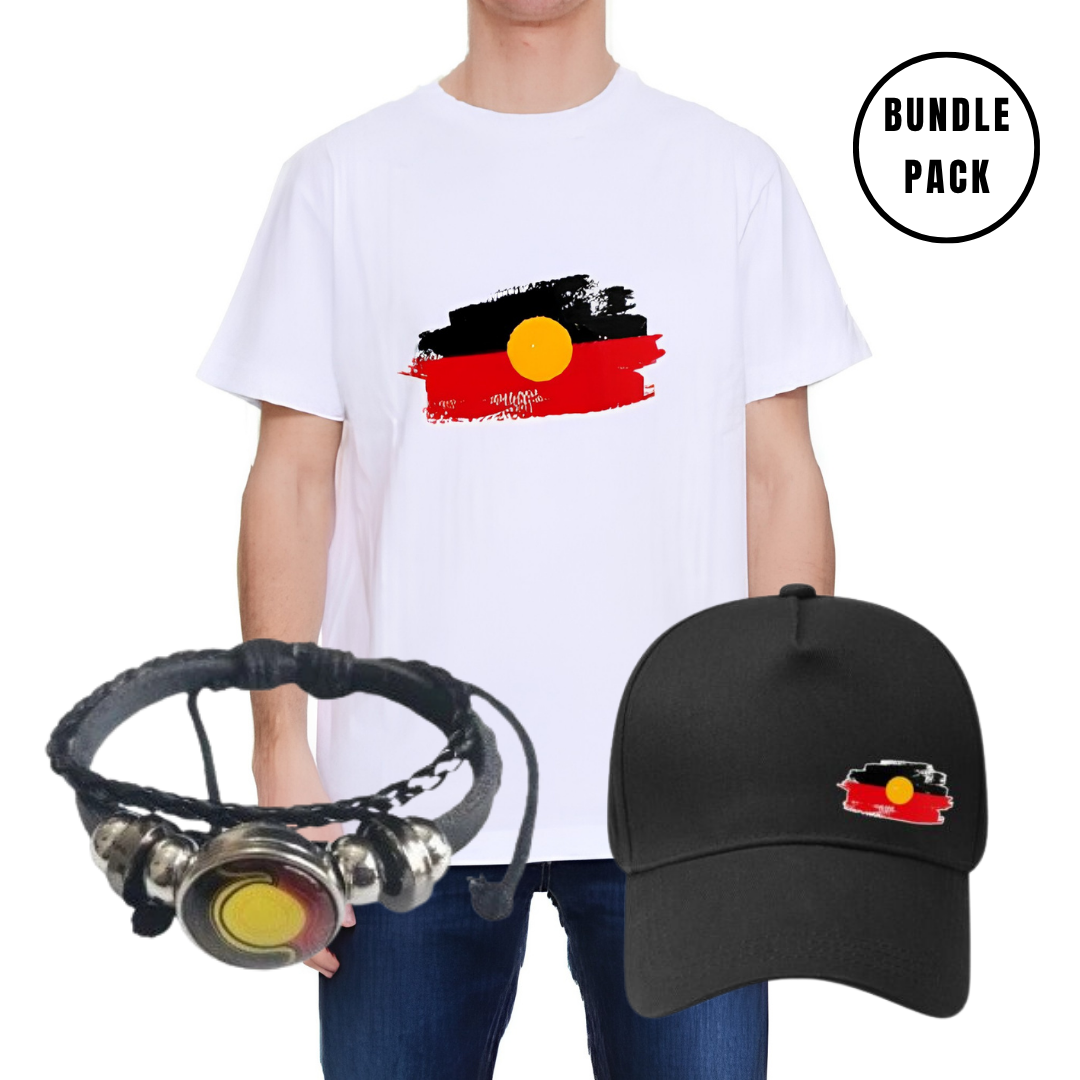 Aboriginal Bundle - Shirt Hat and Bracelet White T-shirt worn by a person, featuring a bold graphic with a yellow circle centered over a red-and-black paintbrush stroke design, a Aboriginal flag displayed on a hat and braclet